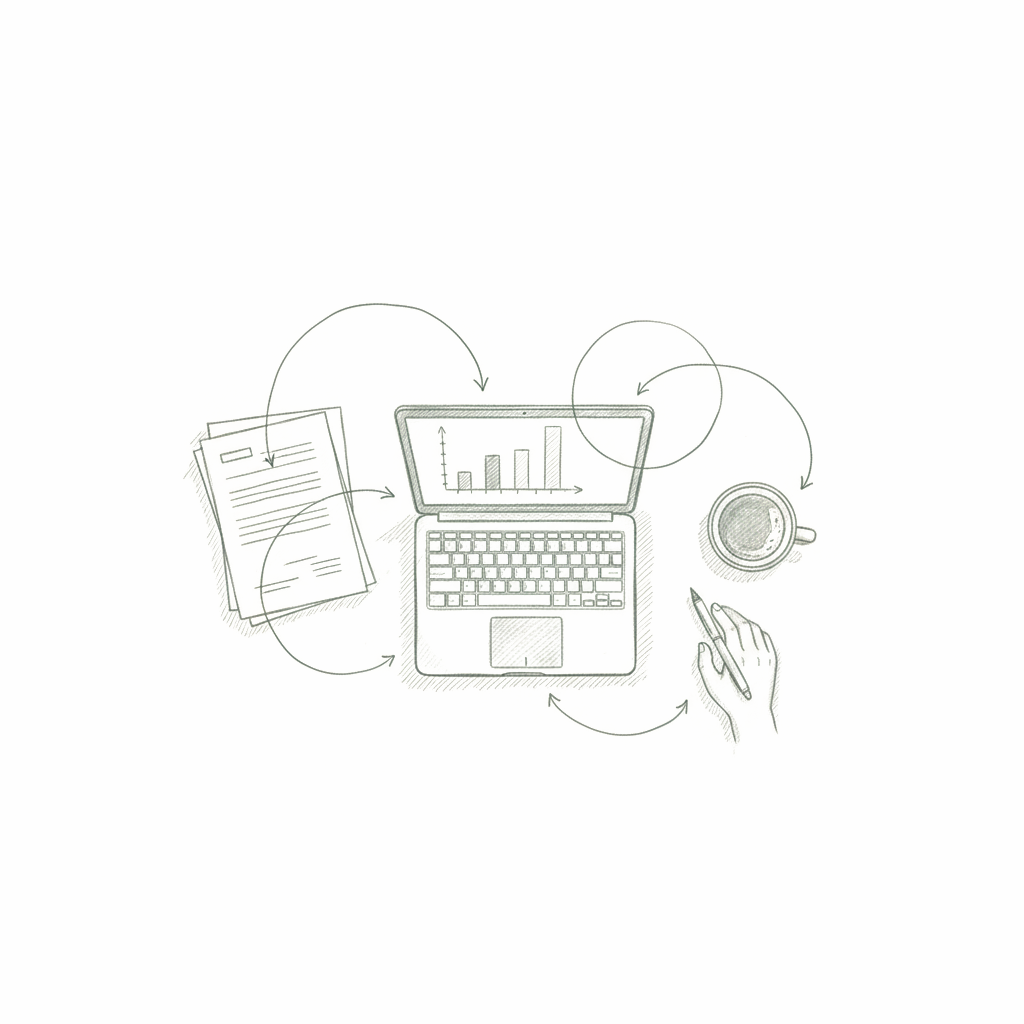 Hand-drawn sketch of an overhead workspace with flow arrows connecting laptop, notes, and coffee — showing how work connects